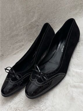 Salvatore Ferragamo Black Suede & Patent Leather Bow Ballet Flats
